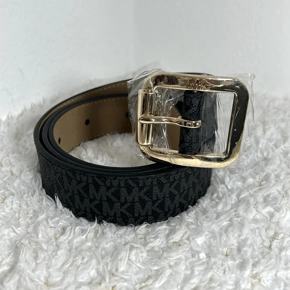 Michael Kors Stylish Black Belt with Gold Buckle